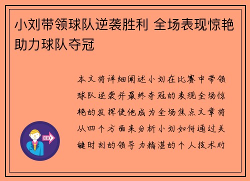 小刘带领球队逆袭胜利 全场表现惊艳助力球队夺冠