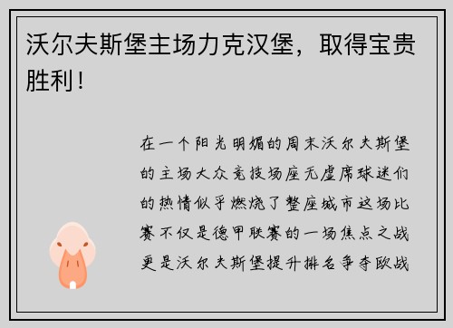 沃尔夫斯堡主场力克汉堡，取得宝贵胜利！