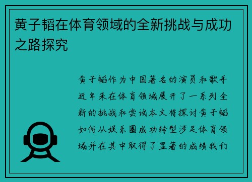黄子韬在体育领域的全新挑战与成功之路探究