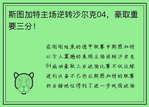 斯图加特主场逆转沙尔克04，豪取重要三分！