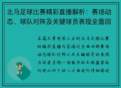 北马足球比赛精彩直播解析：赛场动态、球队对阵及关键球员表现全面回顾